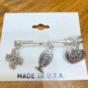 Silver Charm label pin with Hope, Faith, Love